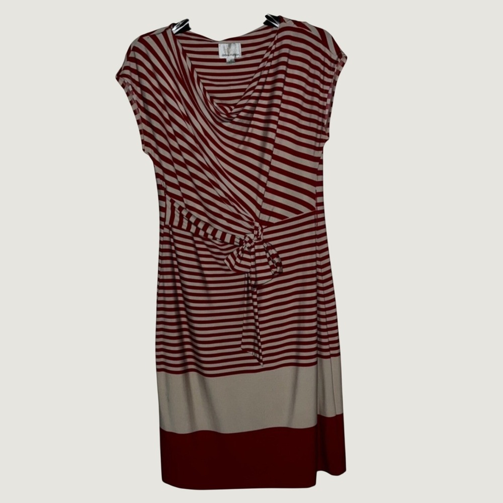 Donna Morgan Red‎ Beige Stripe Drape Neck Tie Waist Dress Size 6